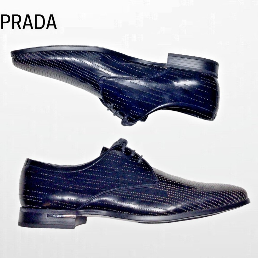 Prada Men's Black Perforated Leather Derby Oxford Dress Shoe Size 8 - Picture 3 of 8
